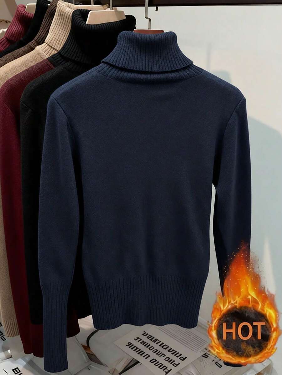 Rib Knit Turtleneck Sweater Long Sleeve Slim Fit - Navy Blue - photo 2