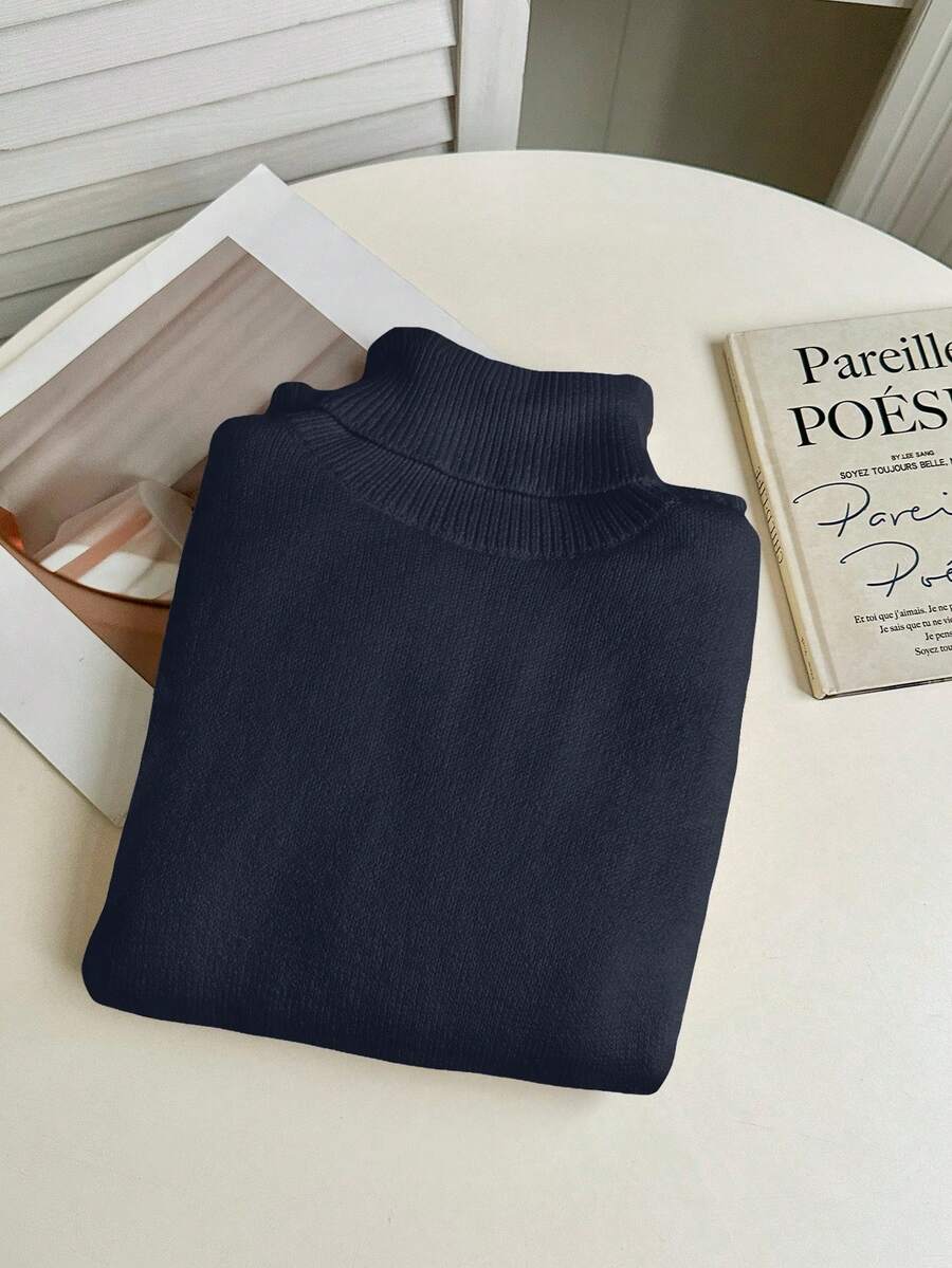 Rib Knit Turtleneck Sweater Long Sleeve Slim Fit - Navy Blue - photo 3