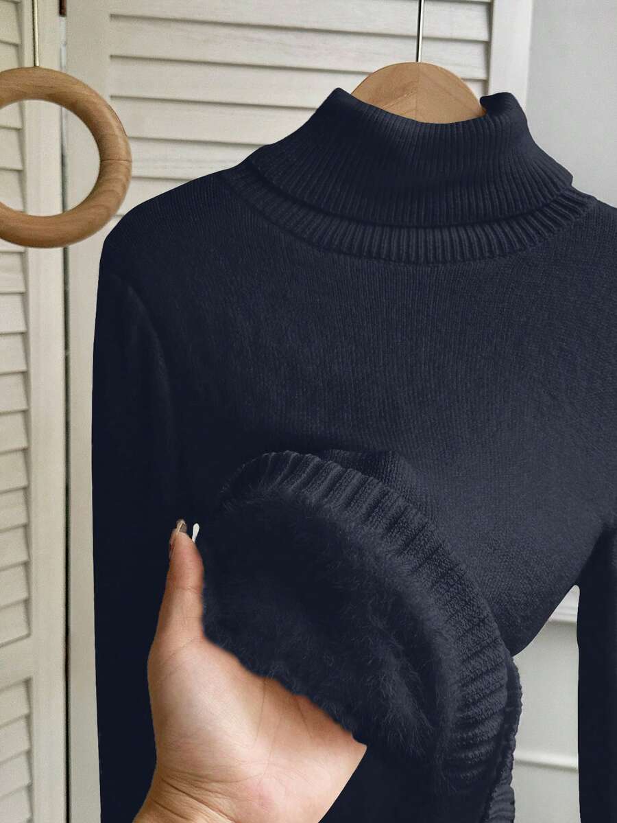 Rib Knit Turtleneck Sweater Long Sleeve Slim Fit - Navy Blue - photo 4