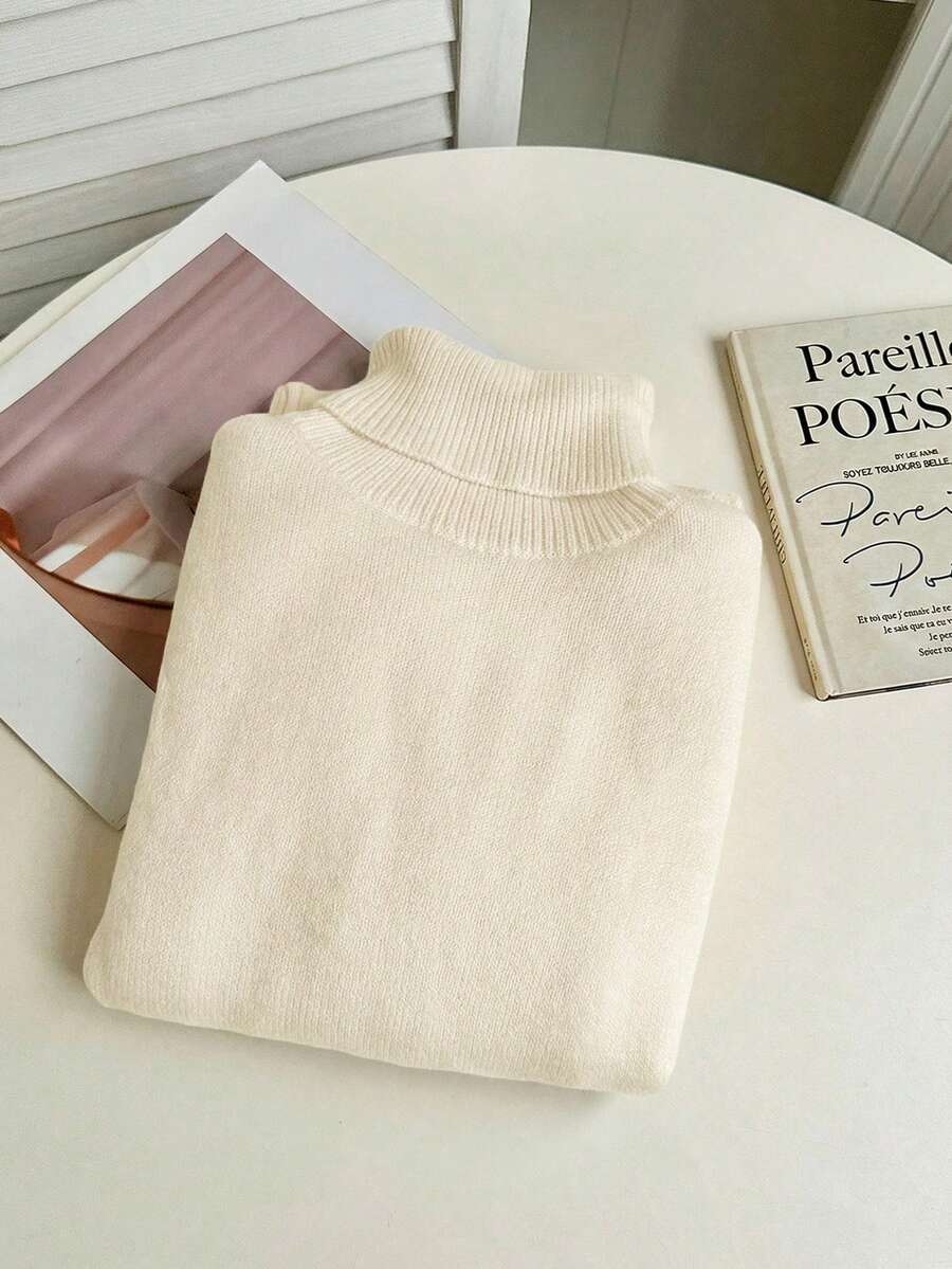 Fleece Lined Turtleneck Sweater Rib Knit Long Sleeve - Ivory - photo 3