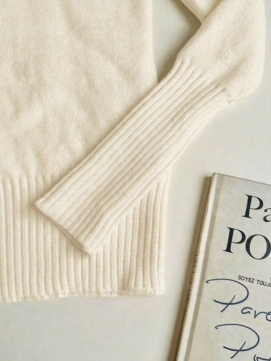 Fleece Lined Turtleneck Sweater Rib Knit Long Sleeve - Ivory - photo 4
