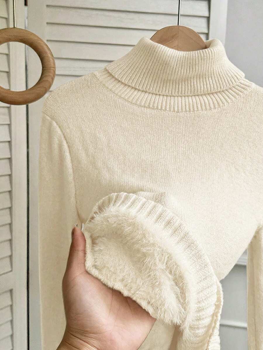 Fleece Lined Turtleneck Sweater Rib Knit Long Sleeve - Ivory - photo 5