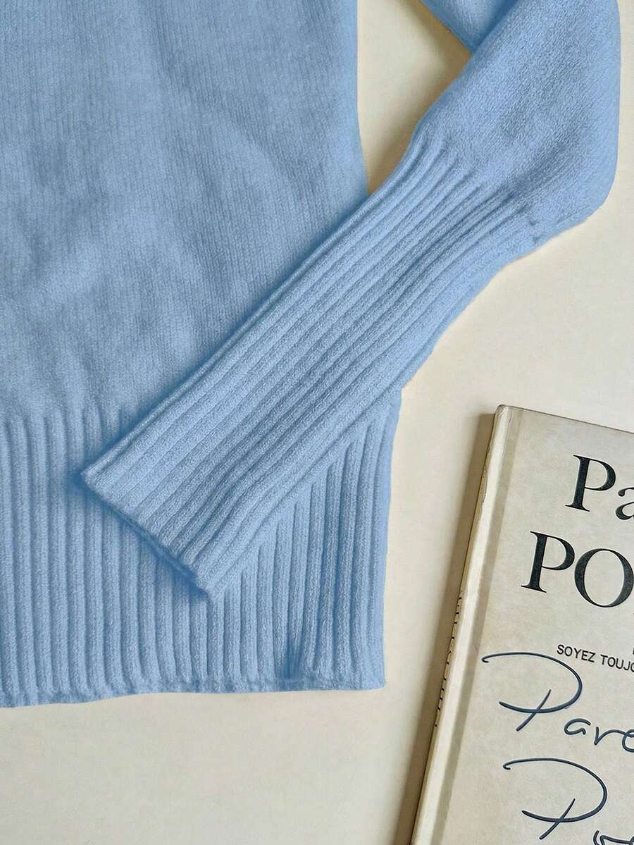 Fleece Lined Turtleneck Sweater Rib Knit Long Sleeve - Light Blue - photo 8