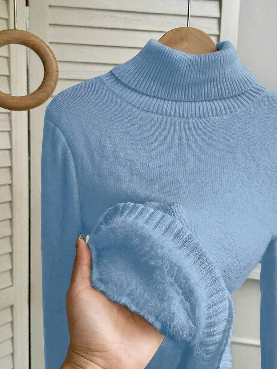 Fleece Lined Turtleneck Sweater Rib Knit Long Sleeve - Light Blue - photo 3