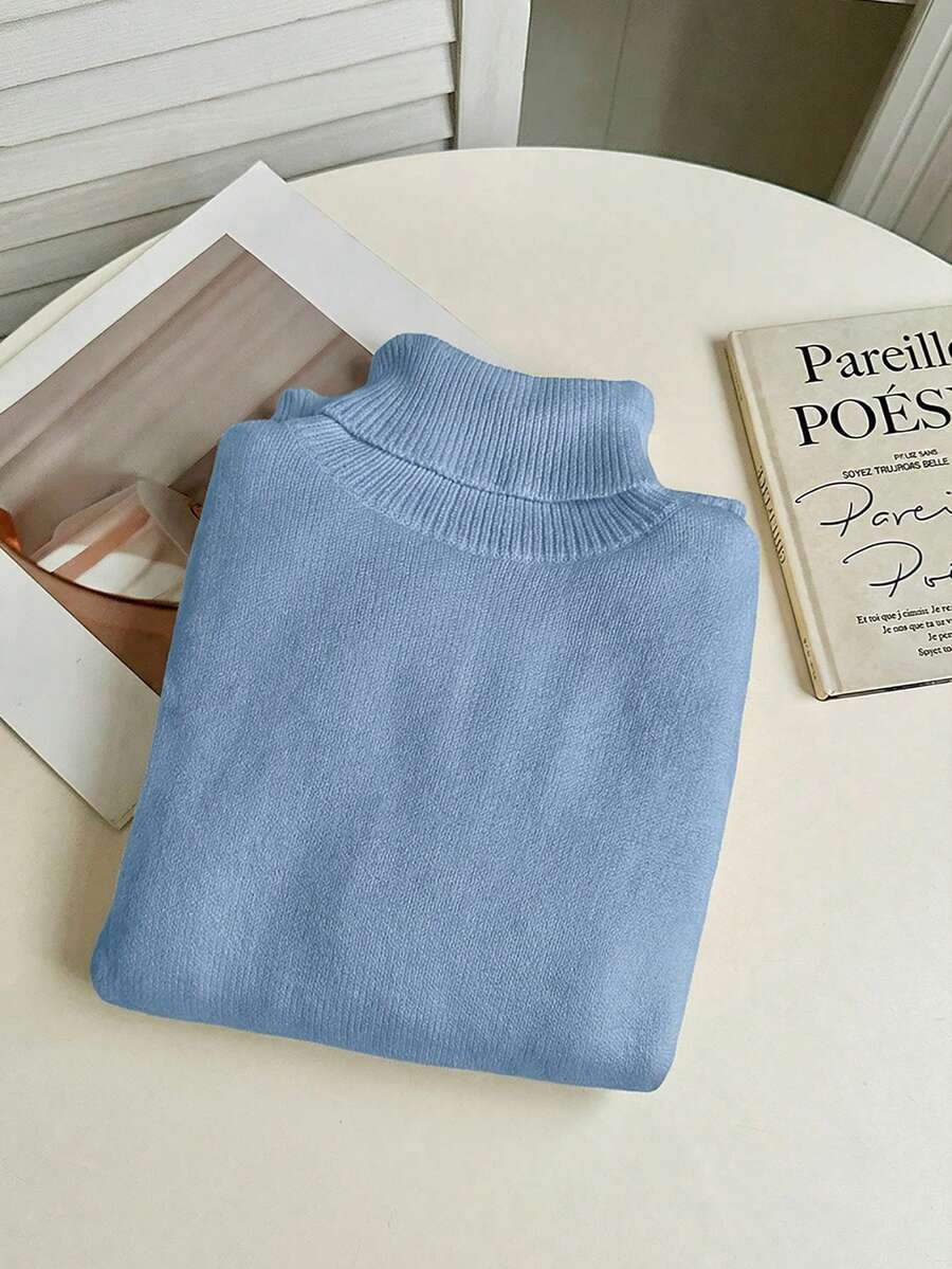 Fleece Lined Turtleneck Sweater Rib Knit Long Sleeve - Light Blue - photo 7