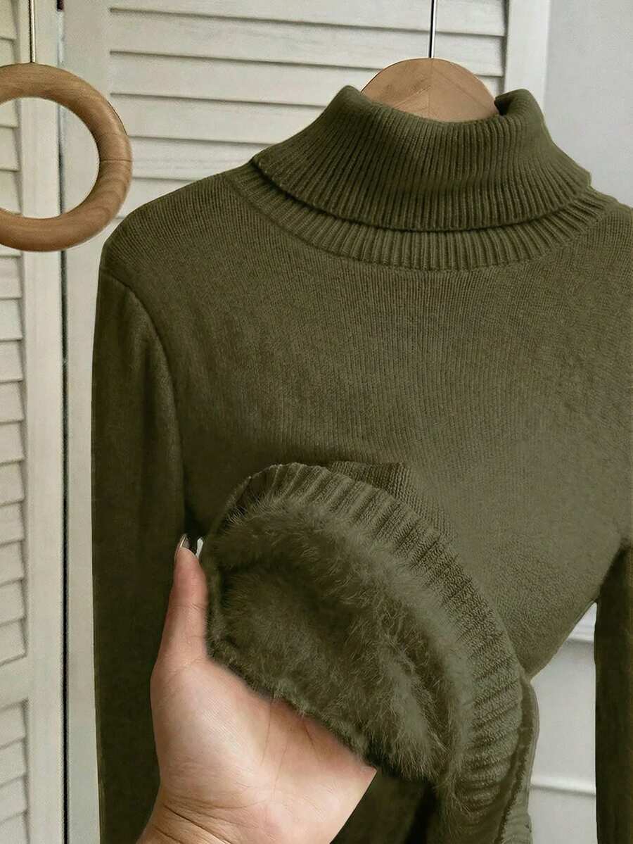 Women's Turtleneck Sweater Long Sleeve Rib Knit Slim Fit - Army Green - photo 6