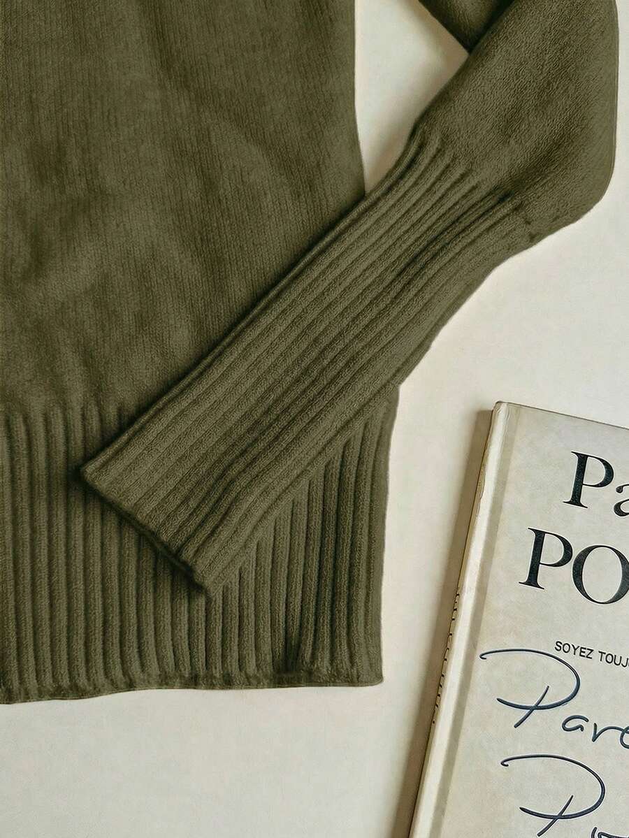 Women's Turtleneck Sweater Long Sleeve Rib Knit Slim Fit - Army Green - photo 4