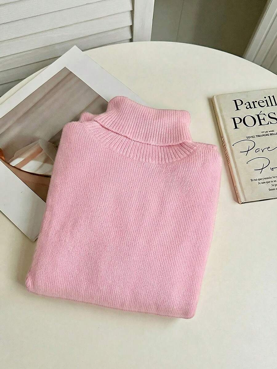 Rib Knit Turtleneck Sweater Long Sleeve Slim Fit - Baby Pink - photo 3