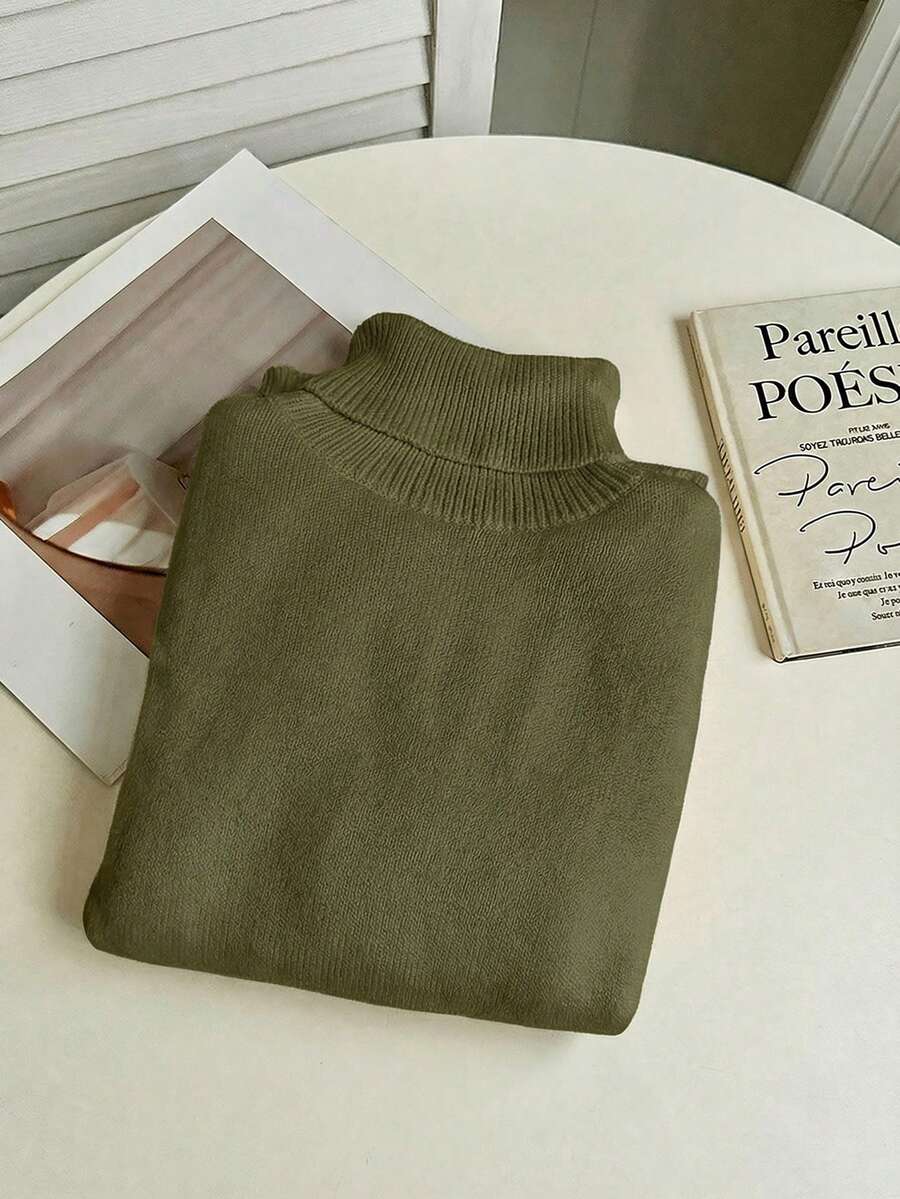 Women's Turtleneck Sweater Long Sleeve Rib Knit Slim Fit - Army Green - photo 3