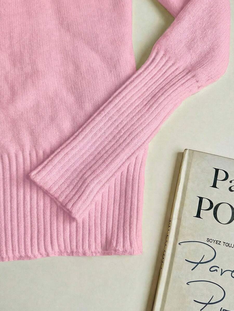 Rib Knit Turtleneck Sweater Long Sleeve Slim Fit - Baby Pink - photo 4