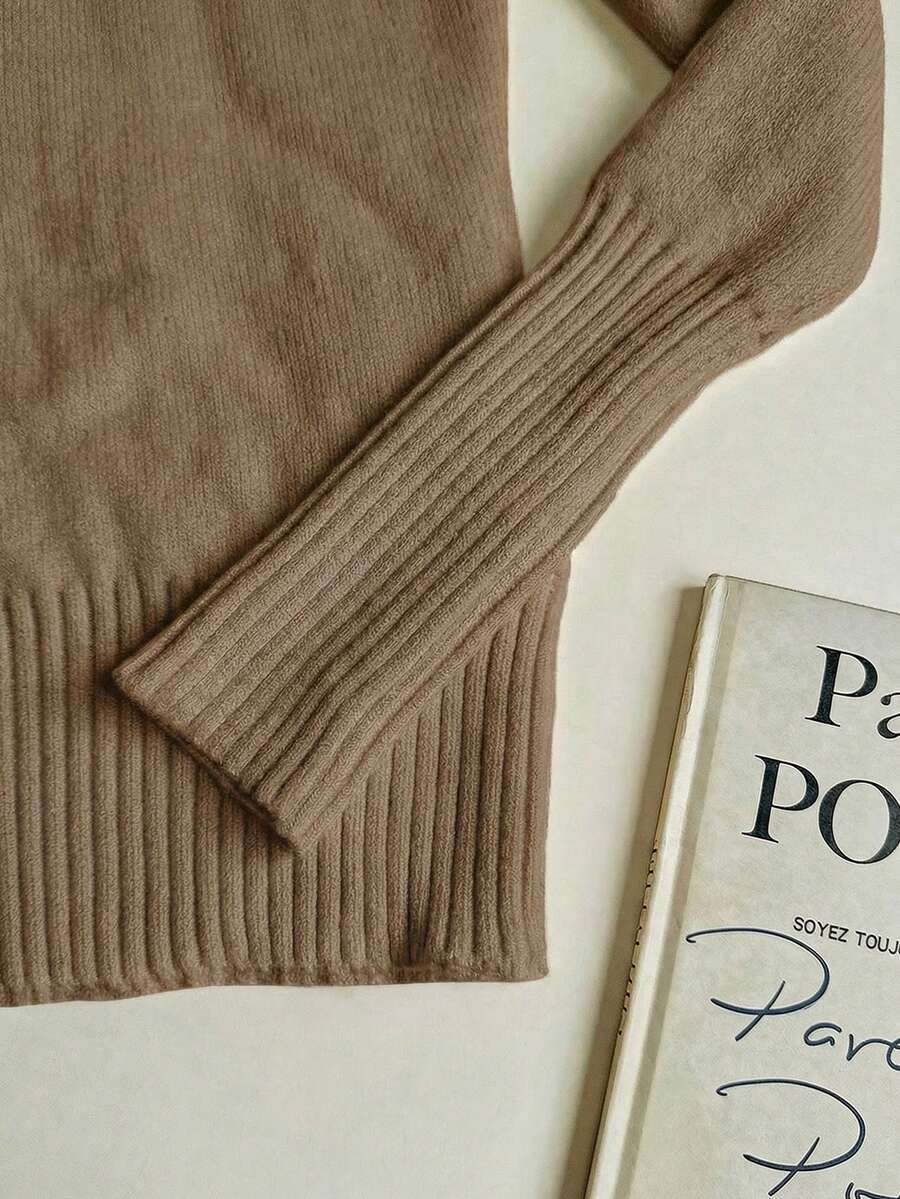 Fleece Lined Turtleneck Sweater Rib Knit Long Sleeve - Tan - photo 4