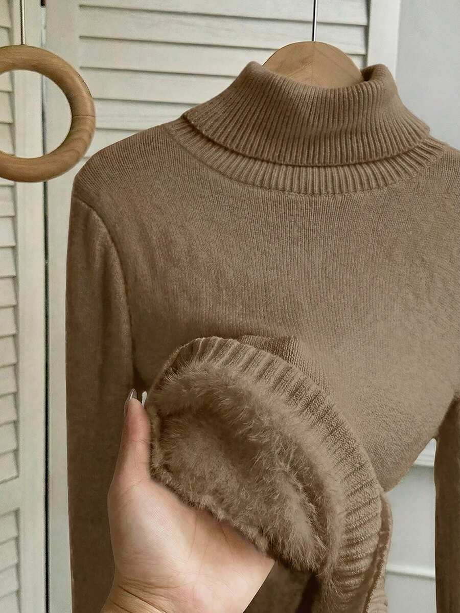 Fleece Lined Turtleneck Sweater Rib Knit Long Sleeve - Tan - photo 5