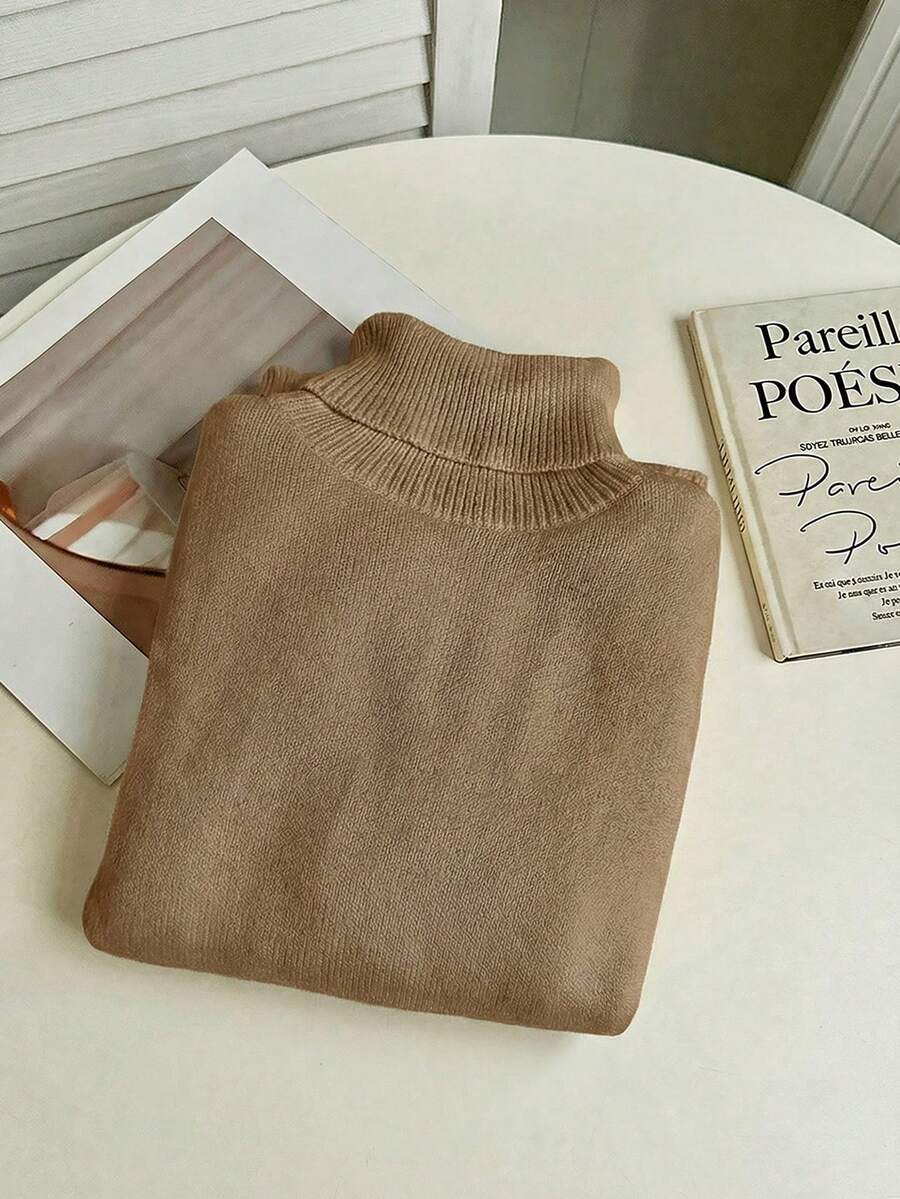 Fleece Lined Turtleneck Sweater Rib Knit Long Sleeve - Tan - photo 3