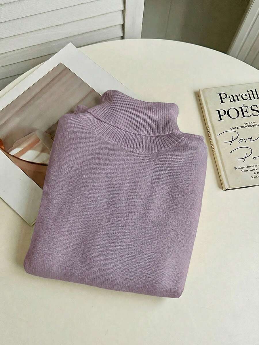 Rib Knit Turtleneck Sweater Long Sleeve Slim Fit - Lavender - photo 3