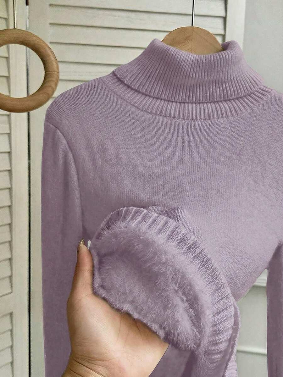 Rib Knit Turtleneck Sweater Long Sleeve Slim Fit - Lavender - photo 6