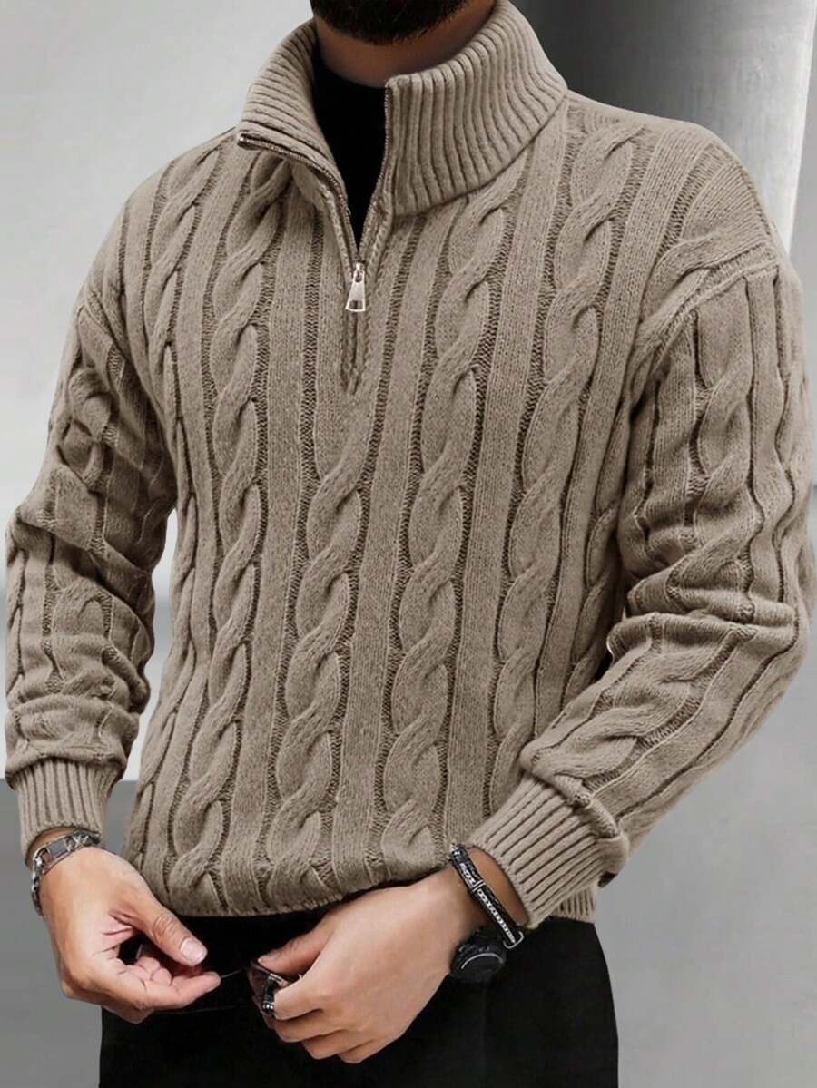 Men's Half Zip Cable Knit Sweater Long Sleeve - Khaki