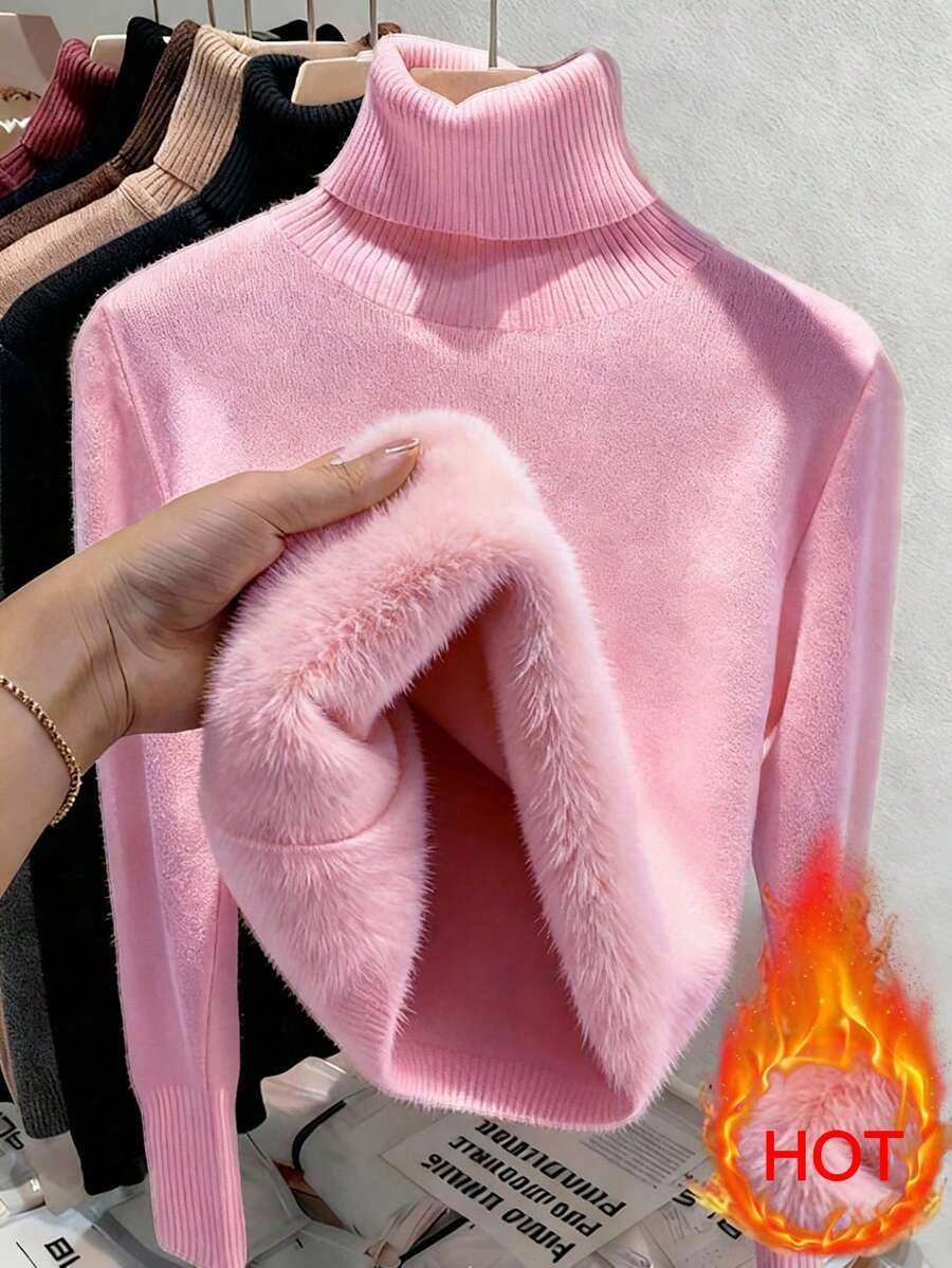 Rib Knit Turtleneck Sweater Long Sleeve Slim Fit - Baby Pink