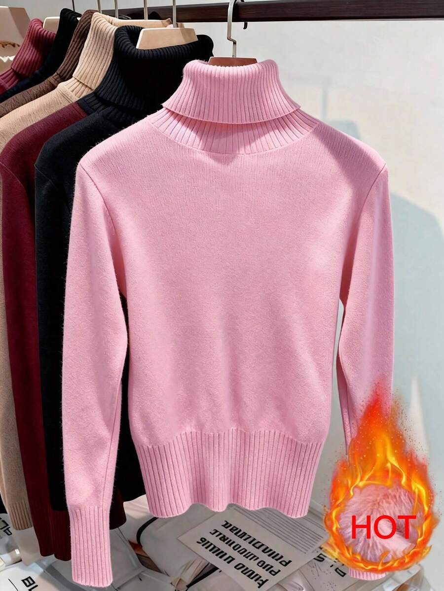Rib Knit Turtleneck Sweater Long Sleeve Slim Fit - Baby Pink - photo 2