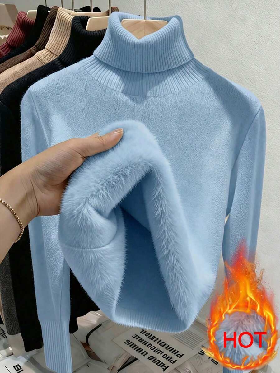 Fleece Lined Turtleneck Sweater Rib Knit Long Sleeve - Light Blue