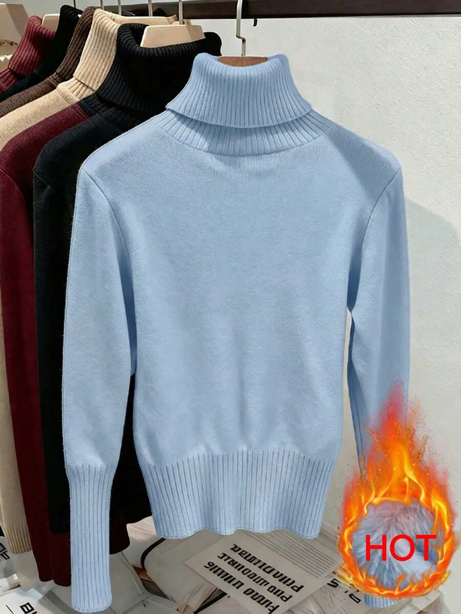 Fleece Lined Turtleneck Sweater Rib Knit Long Sleeve - Light Blue - photo 2