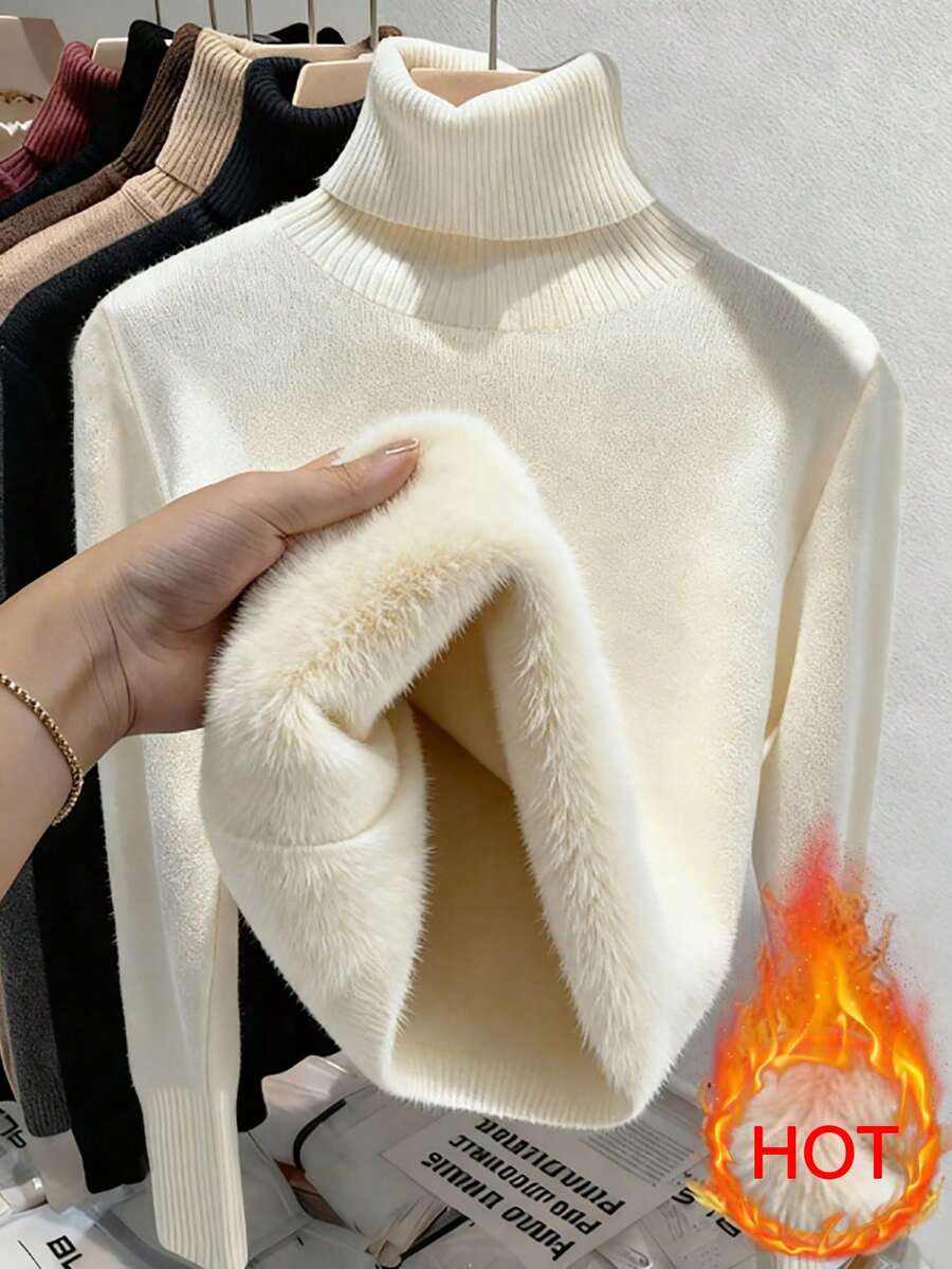 Fleece Lined Turtleneck Sweater Rib Knit Long Sleeve - Ivory