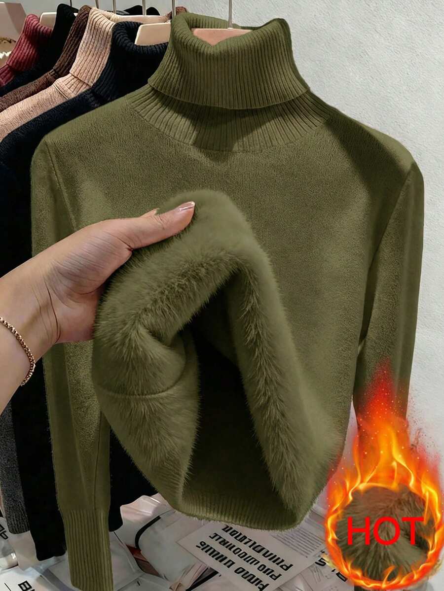 Women's Turtleneck Sweater Long Sleeve Rib Knit Slim Fit - Army Green