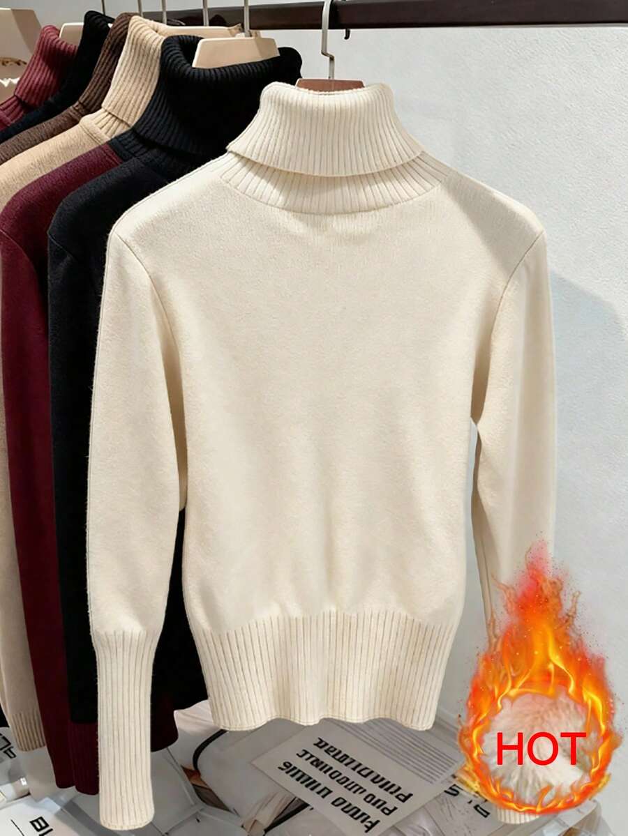 Fleece Lined Turtleneck Sweater Rib Knit Long Sleeve - Ivory - photo 2