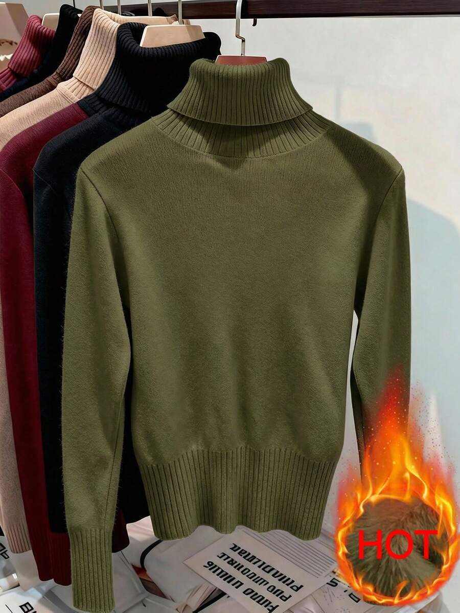 Women's Turtleneck Sweater Long Sleeve Rib Knit Slim Fit - Army Green - photo 2