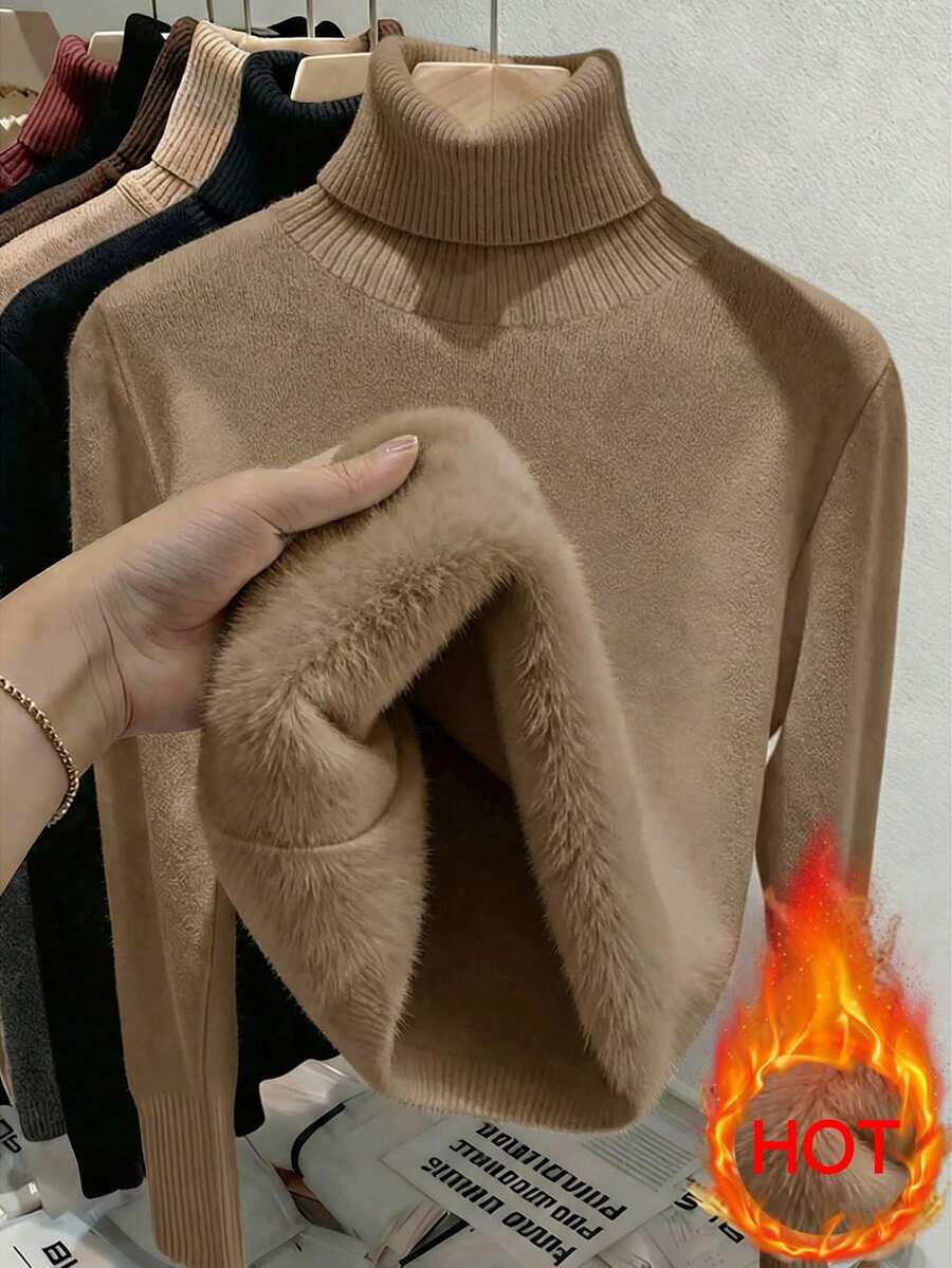 Fleece Lined Turtleneck Sweater Rib Knit Long Sleeve - Tan