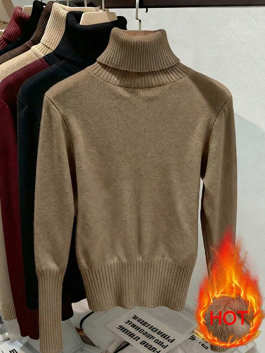 Fleece Lined Turtleneck Sweater Rib Knit Long Sleeve - Tan - photo 2