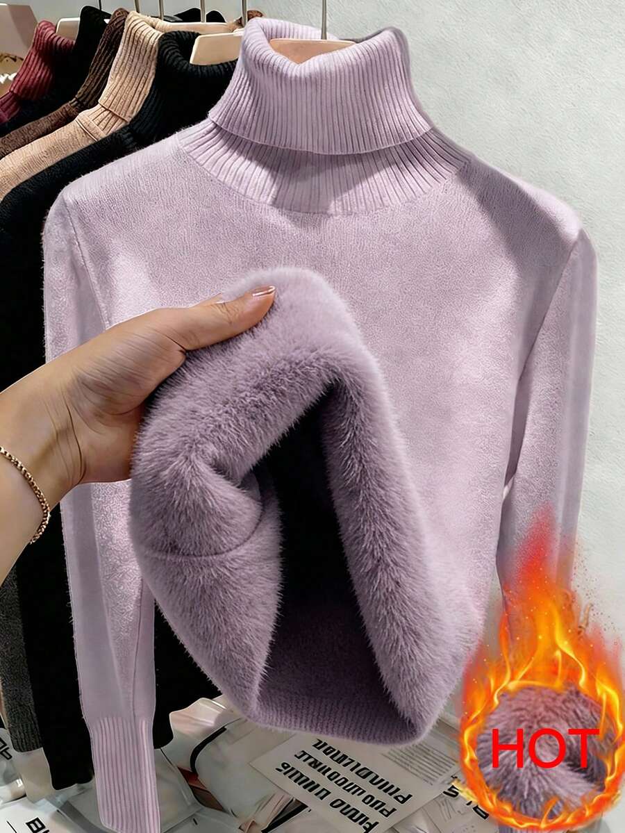 Rib Knit Turtleneck Sweater Long Sleeve Slim Fit - Lavender