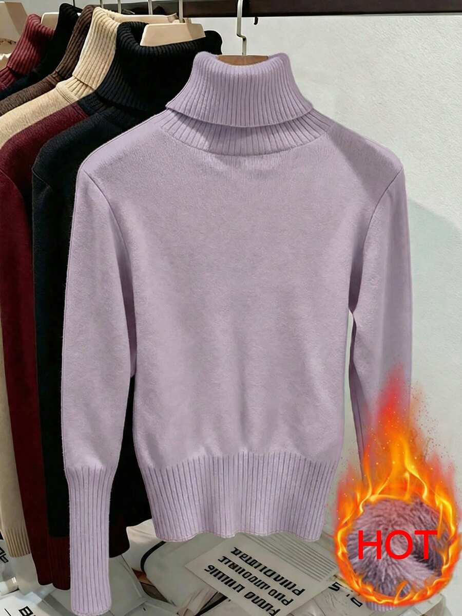Rib Knit Turtleneck Sweater Long Sleeve Slim Fit - Lavender - photo 2