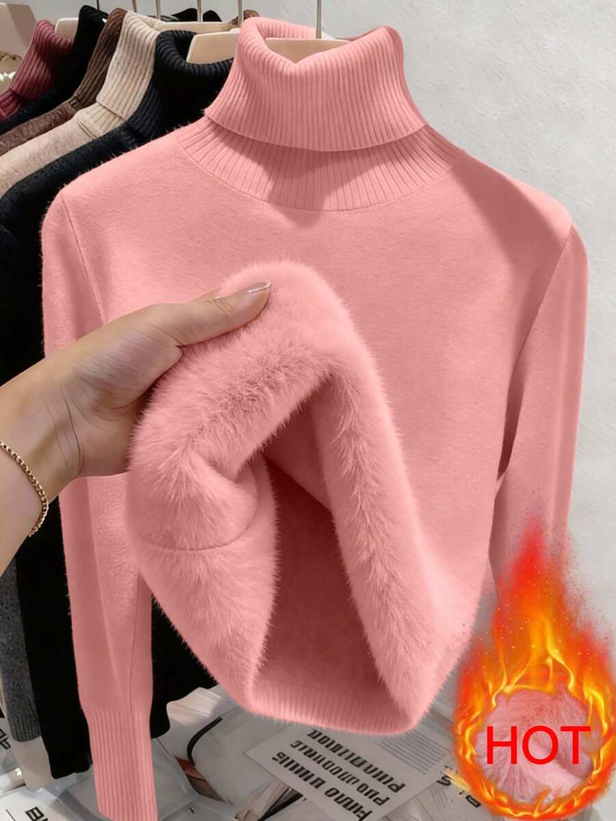 Fleece Lined Turtleneck Sweater Rib Knit Long Sleeve - Pink
