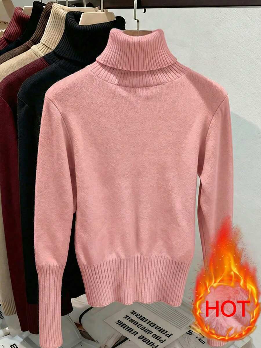 Fleece Lined Turtleneck Sweater Rib Knit Long Sleeve - Pink - photo 2