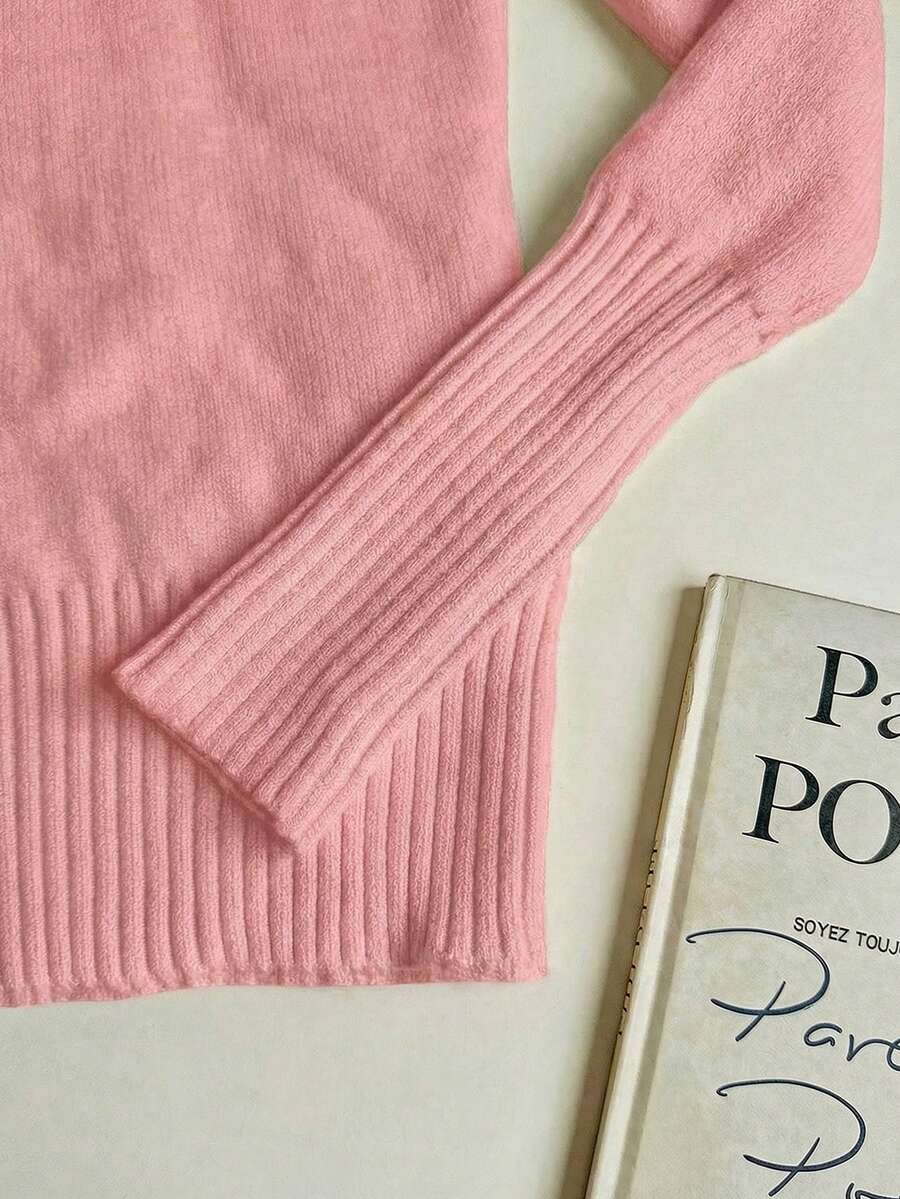 Fleece Lined Turtleneck Sweater Rib Knit Long Sleeve - Pink - photo 3