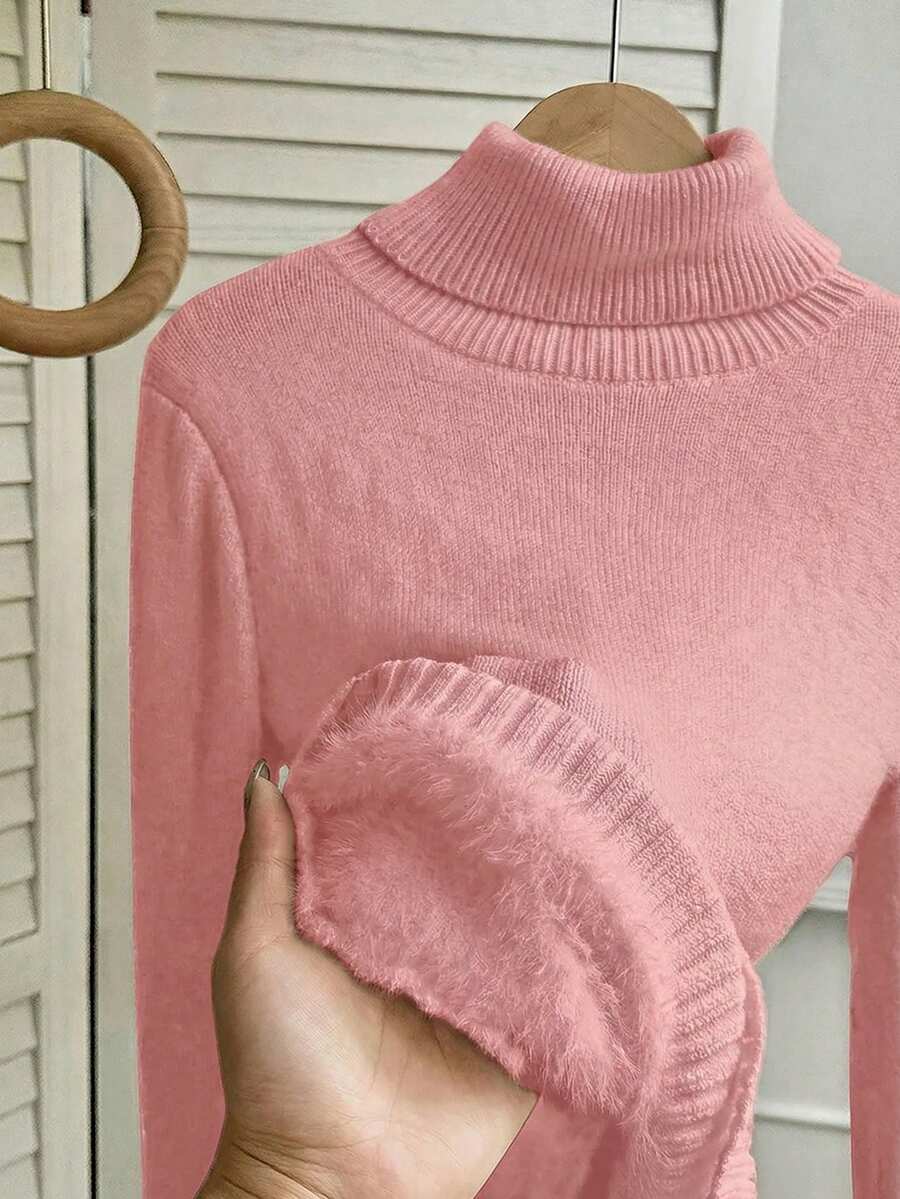 Fleece Lined Turtleneck Sweater Rib Knit Long Sleeve - Pink - photo 4