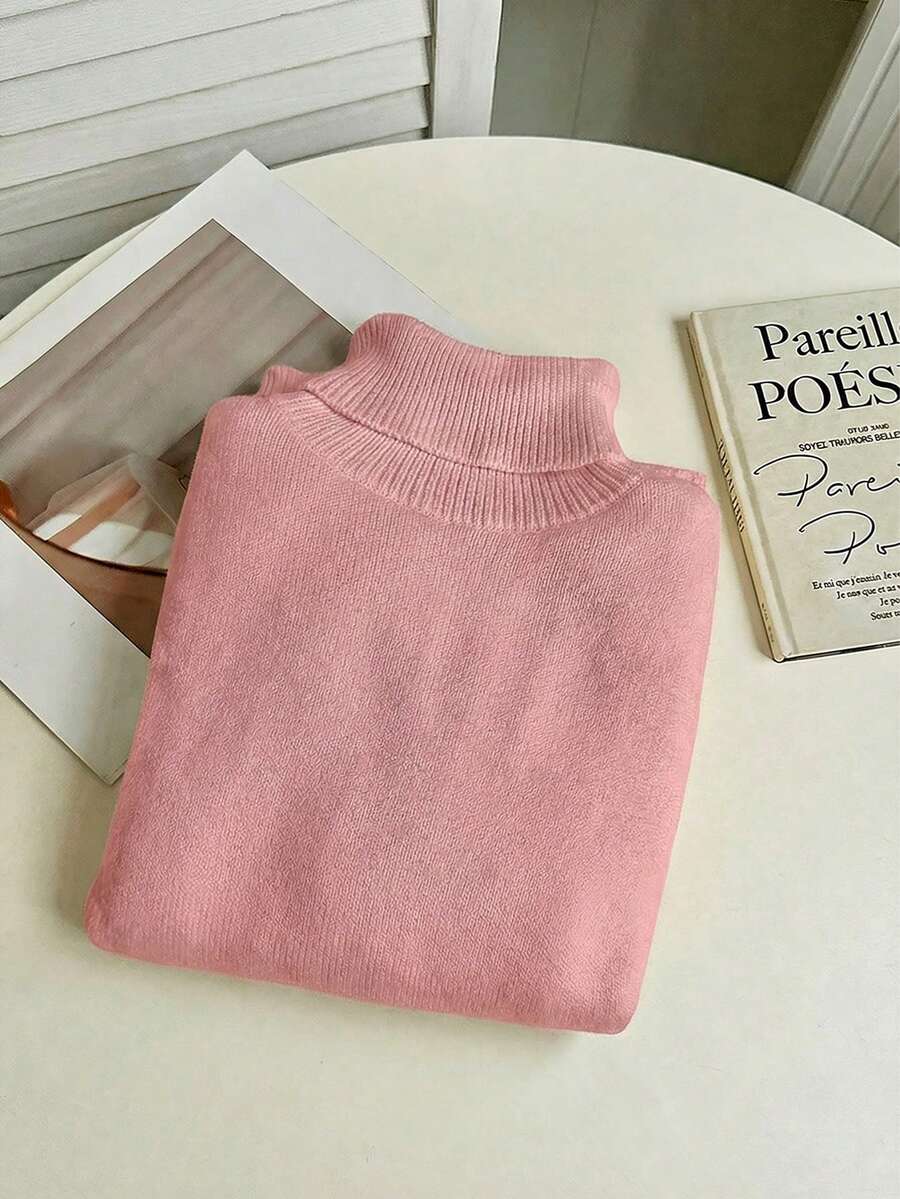 Fleece Lined Turtleneck Sweater Rib Knit Long Sleeve - Pink - photo 5