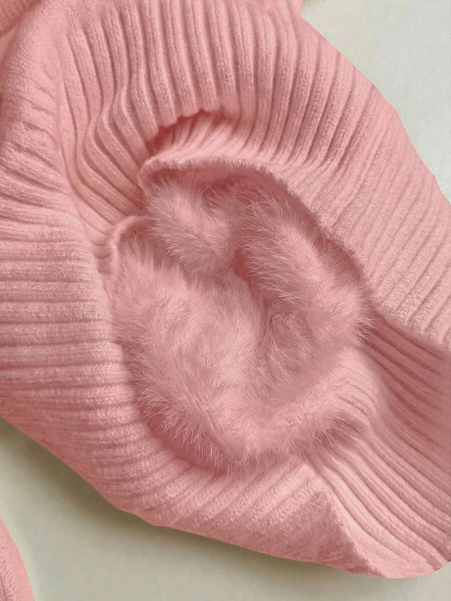 Fleece Lined Turtleneck Sweater Rib Knit Long Sleeve - Pink - photo 7