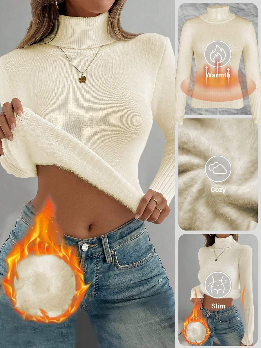 Fleece Lined Turtleneck Sweater Rib Knit Long Sleeve - Ivory - photo 8