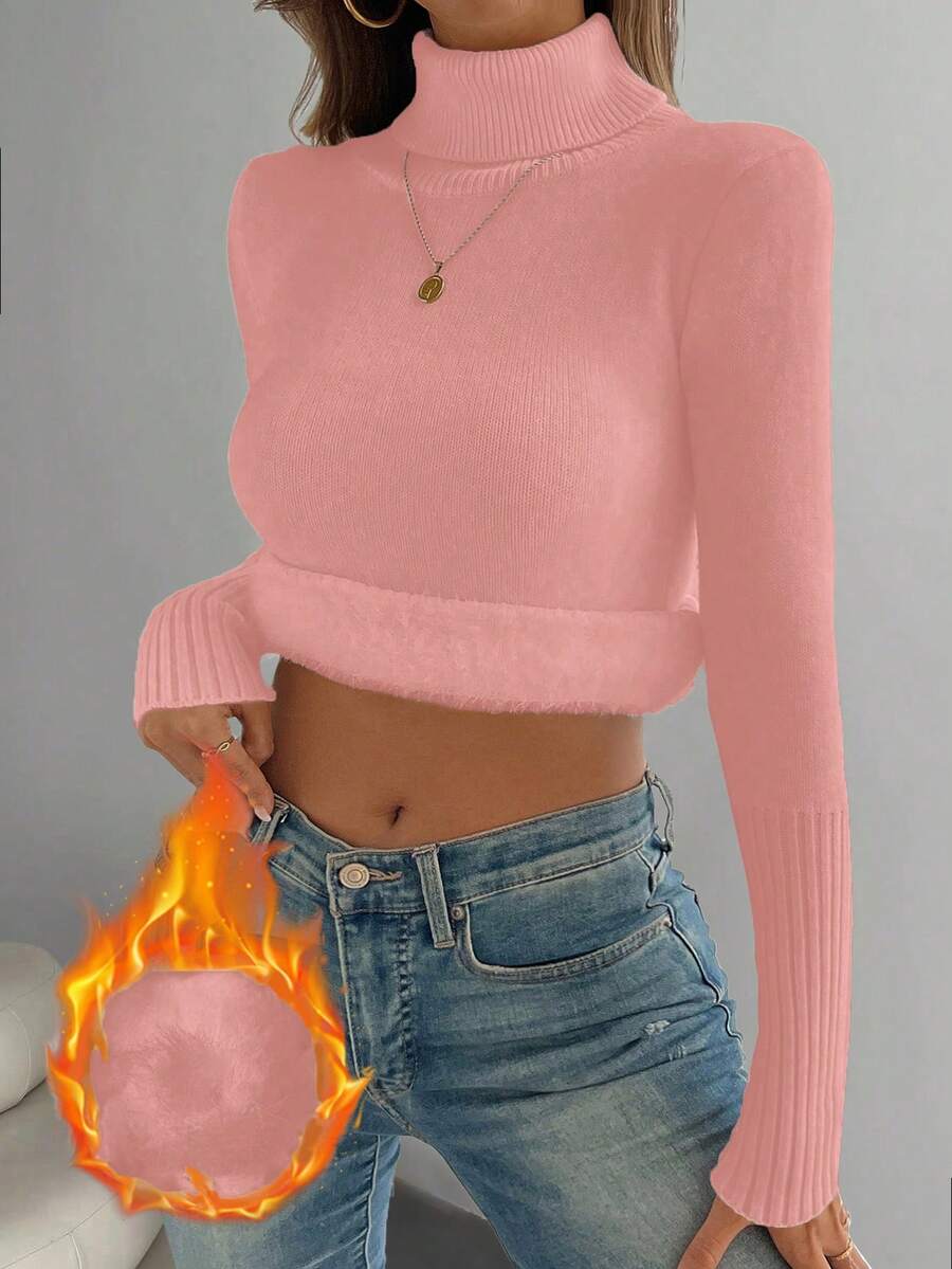 Fleece Lined Turtleneck Sweater Rib Knit Long Sleeve - Pink - photo 8
