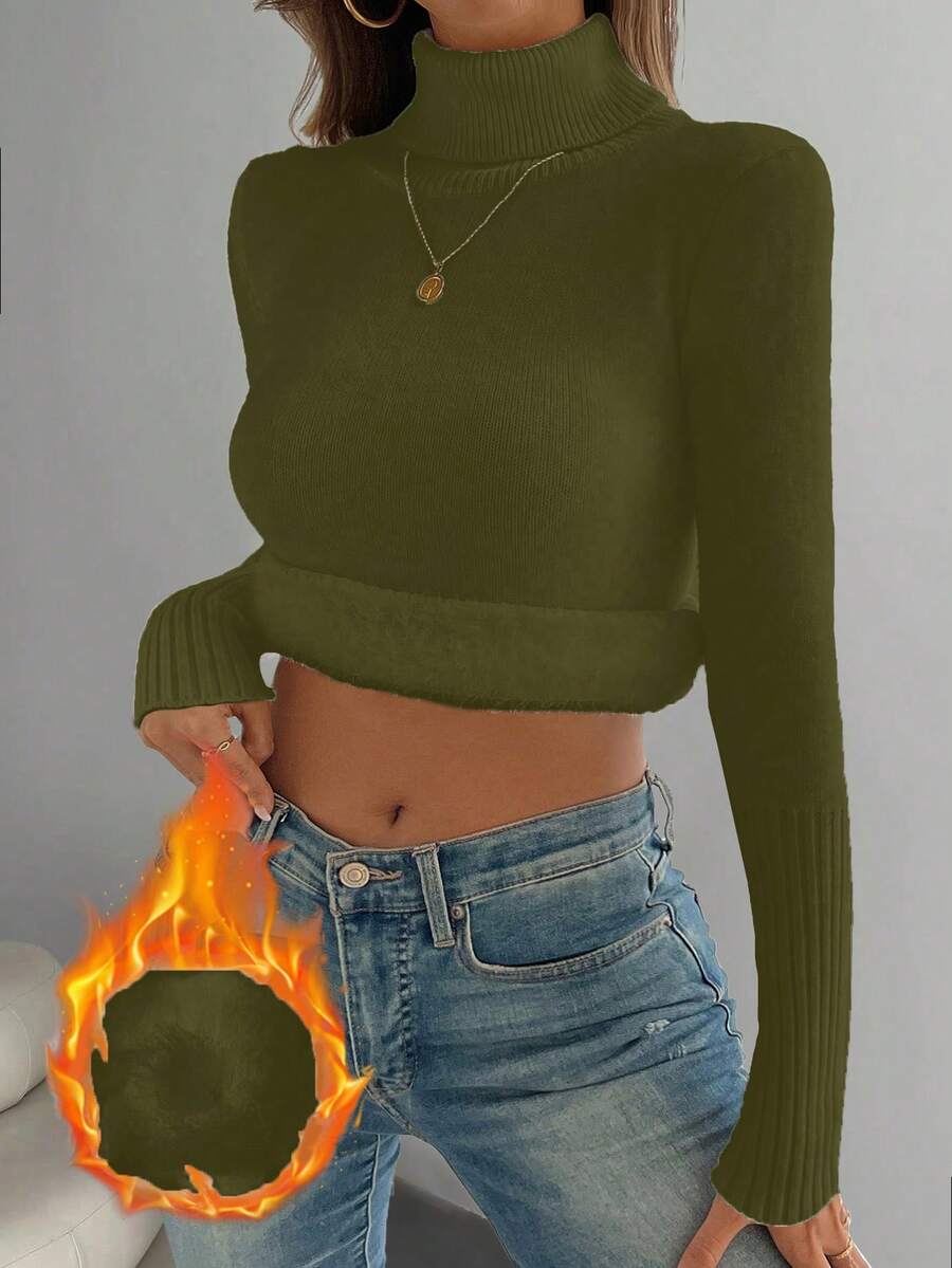 Women's Turtleneck Sweater Long Sleeve Rib Knit Slim Fit - Army Green - photo 8
