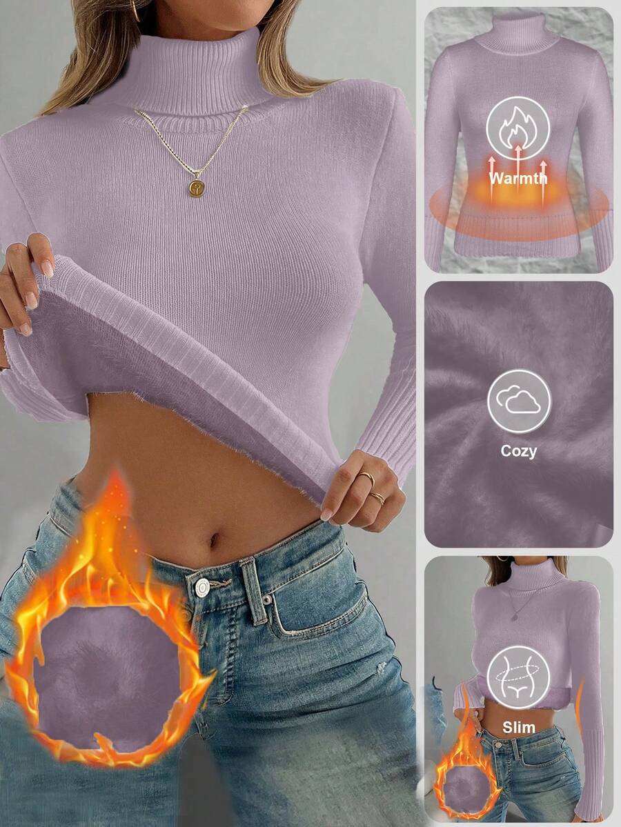 Rib Knit Turtleneck Sweater Long Sleeve Slim Fit - Lavender - photo 8