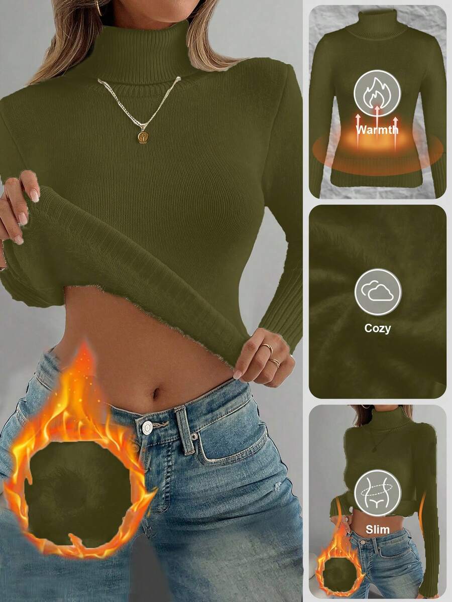 Women's Turtleneck Sweater Long Sleeve Rib Knit Slim Fit - Army Green - photo 9