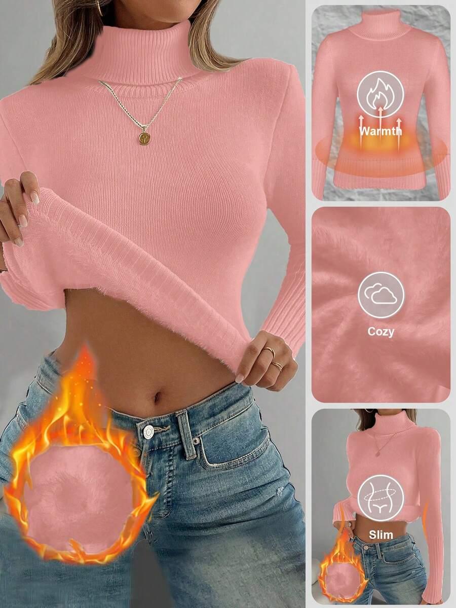 Fleece Lined Turtleneck Sweater Rib Knit Long Sleeve - Pink - photo 9