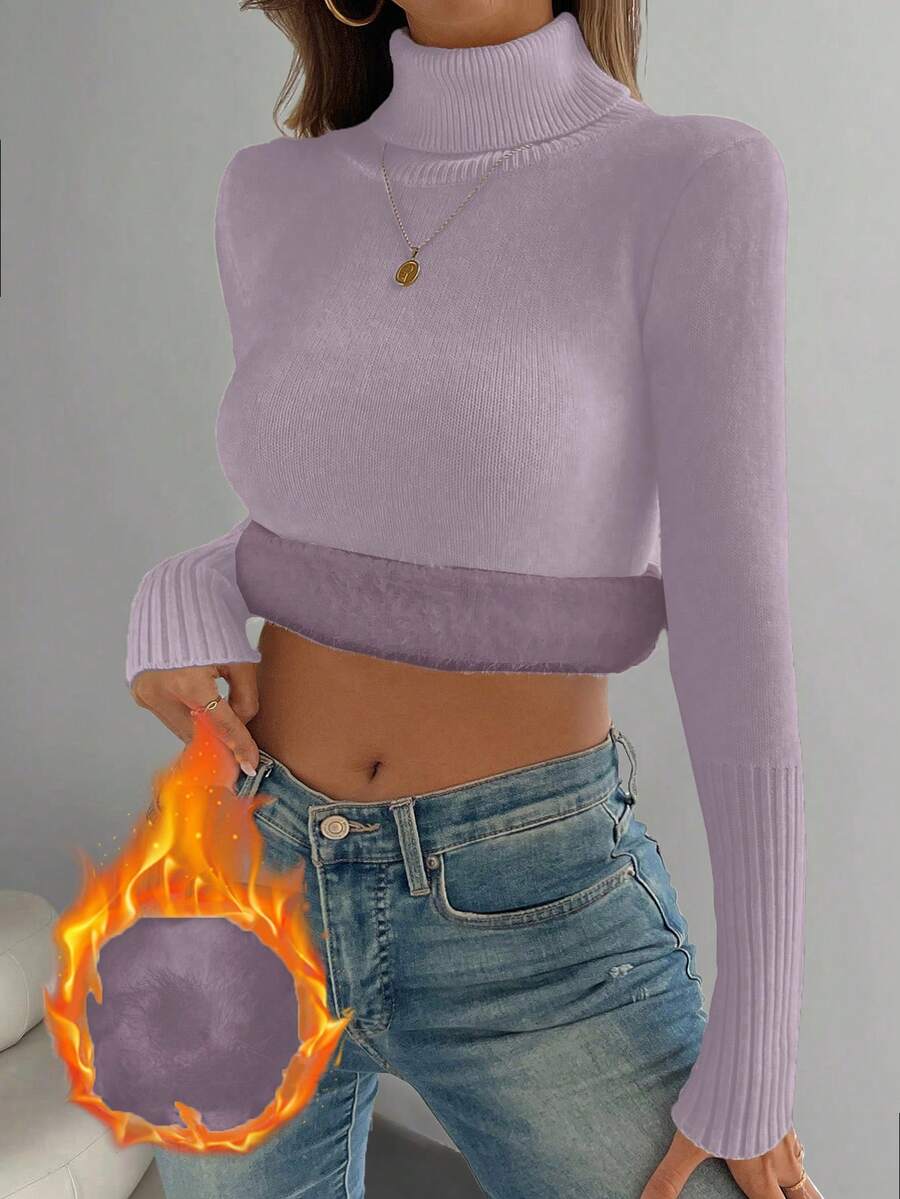 Rib Knit Turtleneck Sweater Long Sleeve Slim Fit - Lavender - photo 9