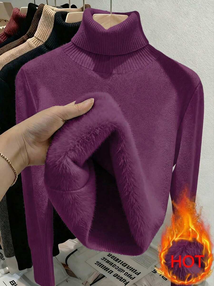 Fleece Lined Turtleneck Sweater Rib Knit Long Sleeve - Purple