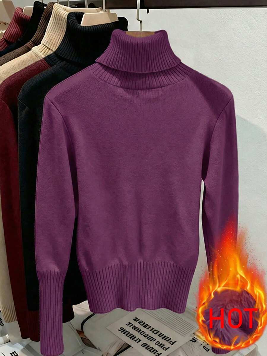 Fleece Lined Turtleneck Sweater Rib Knit Long Sleeve - Purple - photo 2