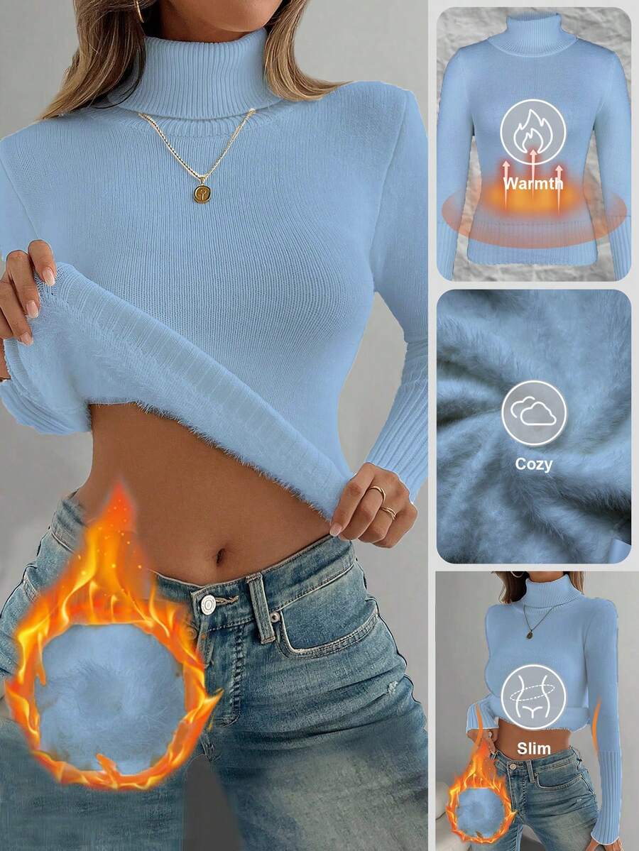 Fleece Lined Turtleneck Sweater Rib Knit Long Sleeve - Light Blue - photo 6