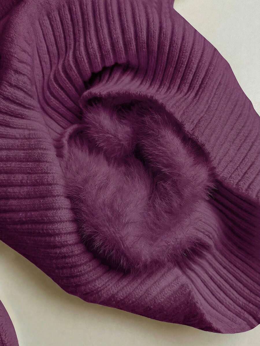 Fleece Lined Turtleneck Sweater Rib Knit Long Sleeve - Purple - photo 3