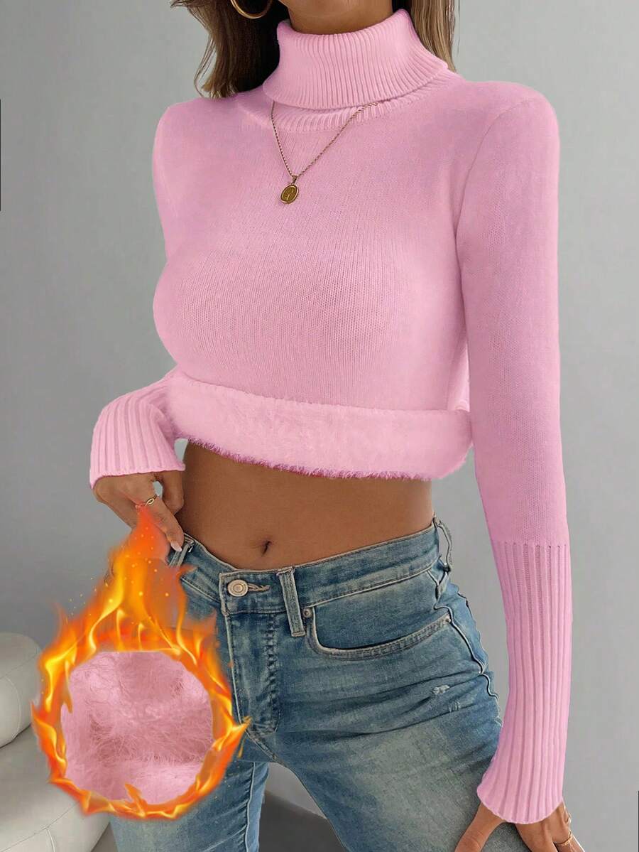 Rib Knit Turtleneck Sweater Long Sleeve Slim Fit - Baby Pink - photo 7